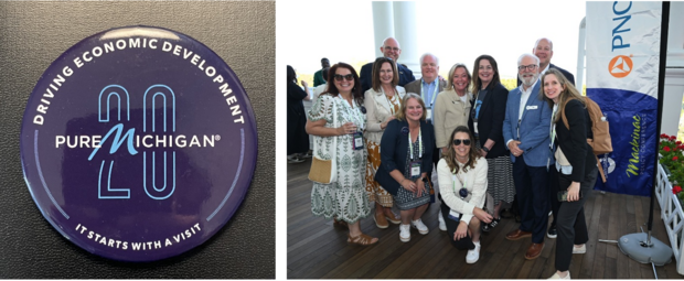 A team of Michigan tourism professionals on the front porch of the Grand Hotel during the Mackinac Policy Conference 2026.