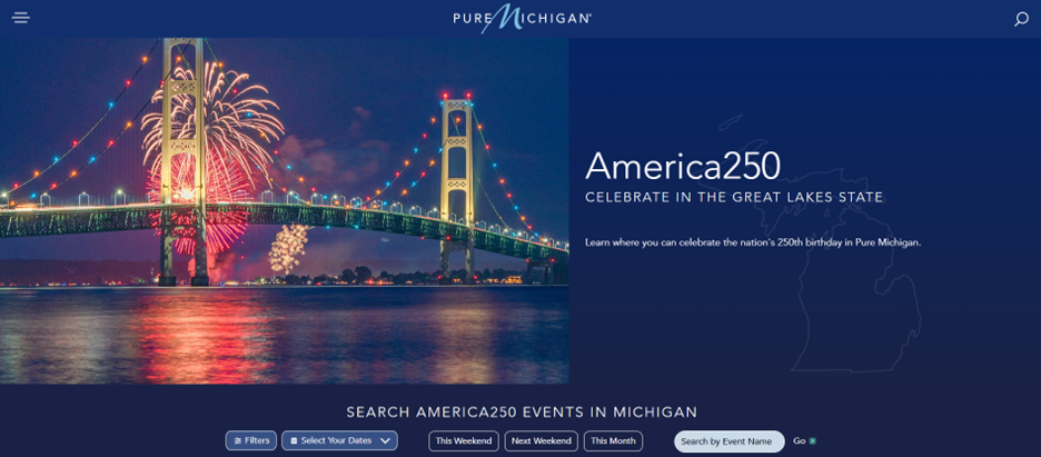 The top of the landing page on the michigan.org website for America250 in Michigan. 
