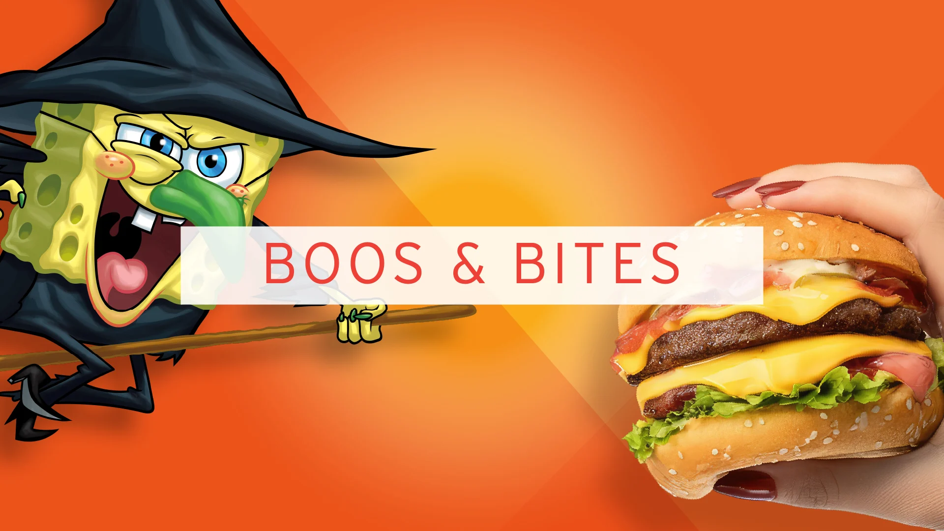 spongebob dressed as a witch next to a cheeseburger with text reading 