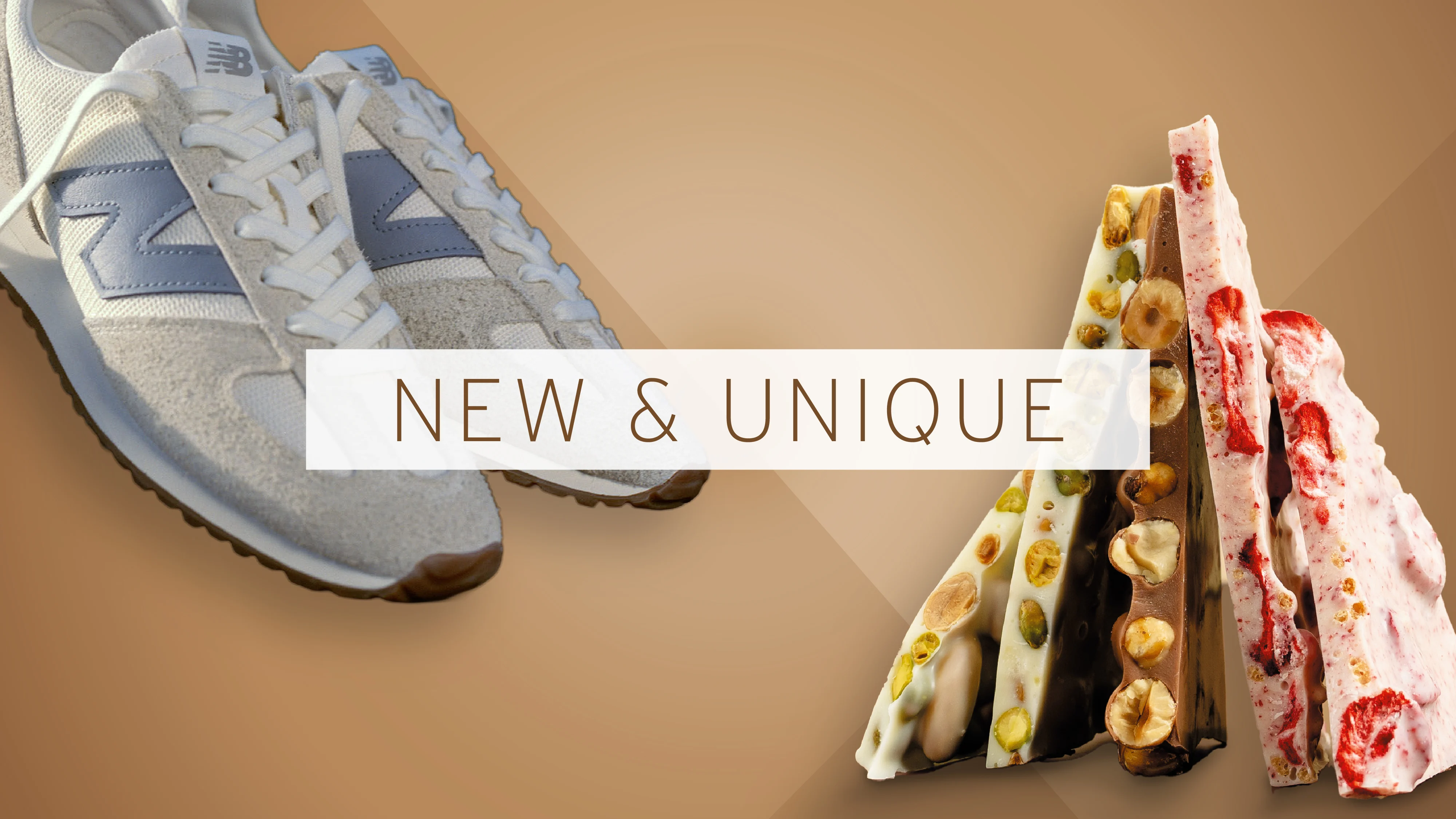 white new balance shoes and a stack of laderach chocolates