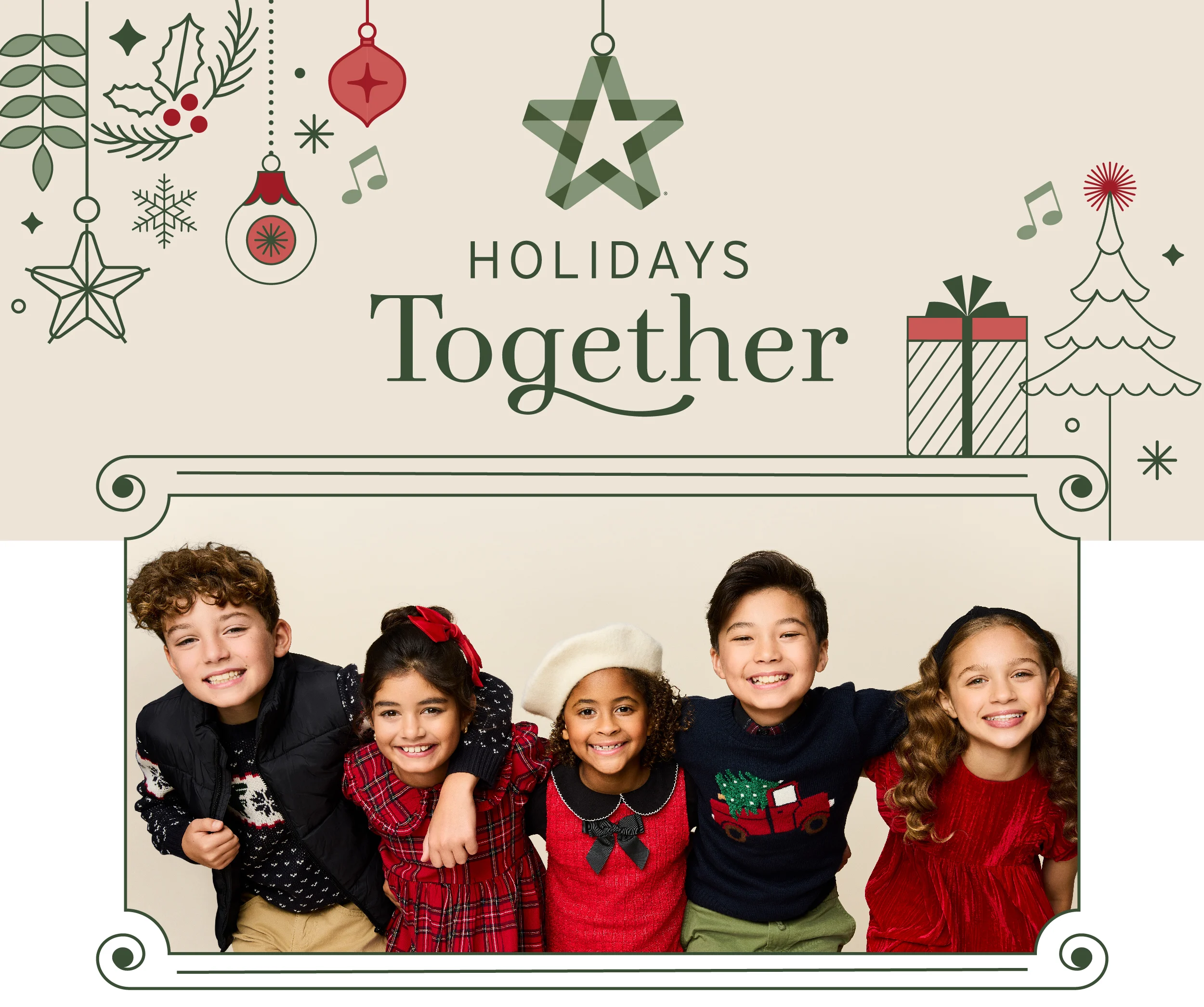 Holidays together; an image of five children dressed in christmas adjacent clothing