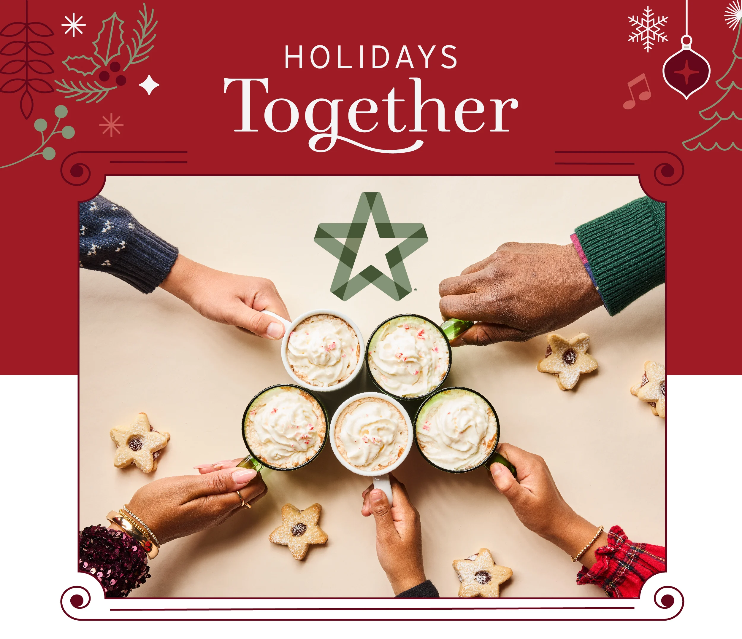 five hands cheers mugs of hot cocoa topped with whipped cream and candy cane bits. they are surrounded by star shaped cookies.