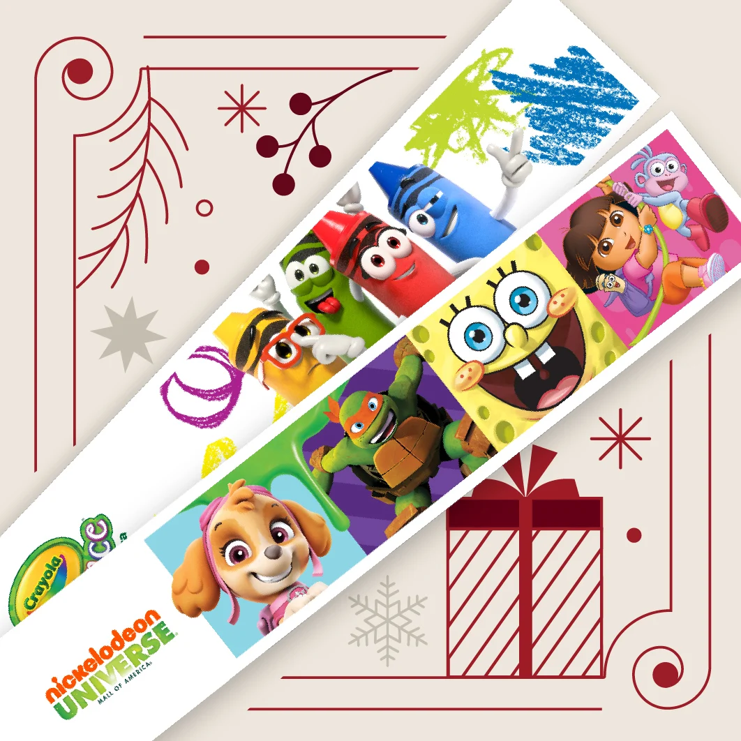a nickelodeon Universe wristband stacked on top of a crayola experience wristband.