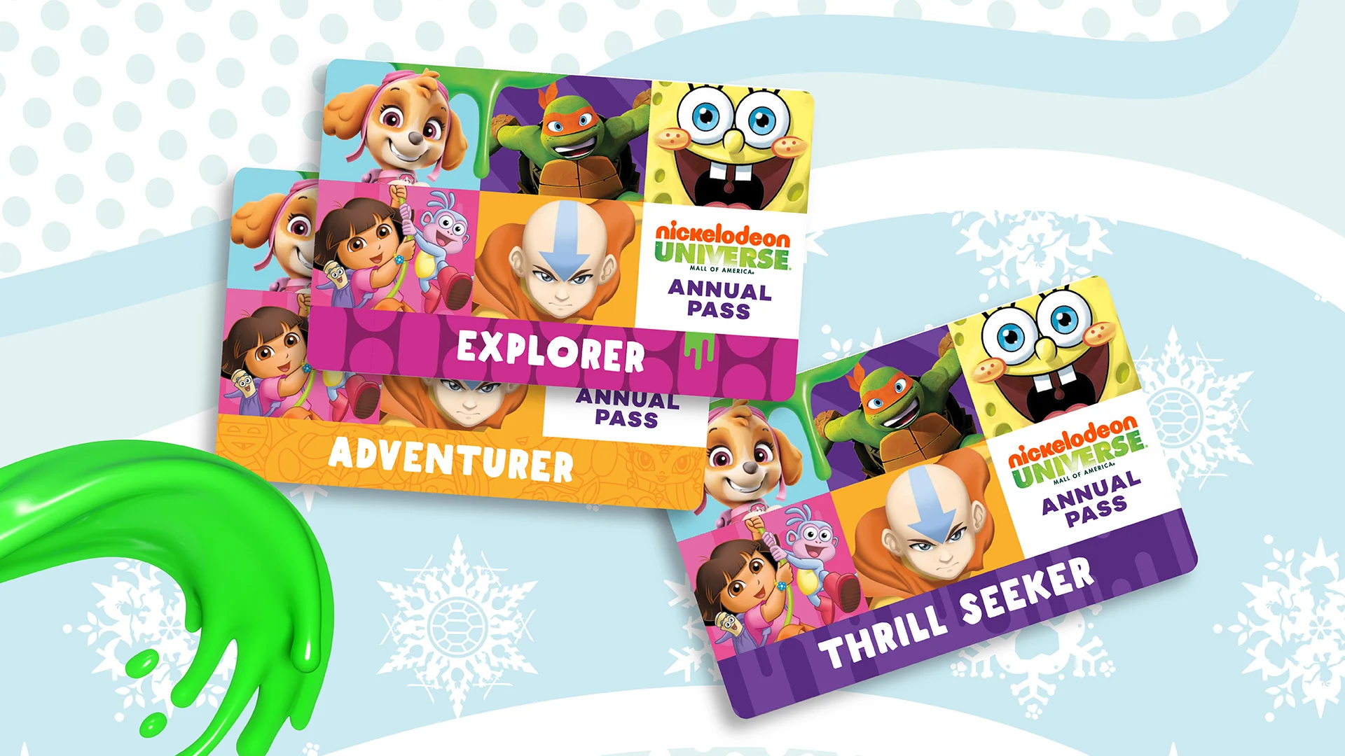 Nick U annual passes over a cartoon snowflake background
