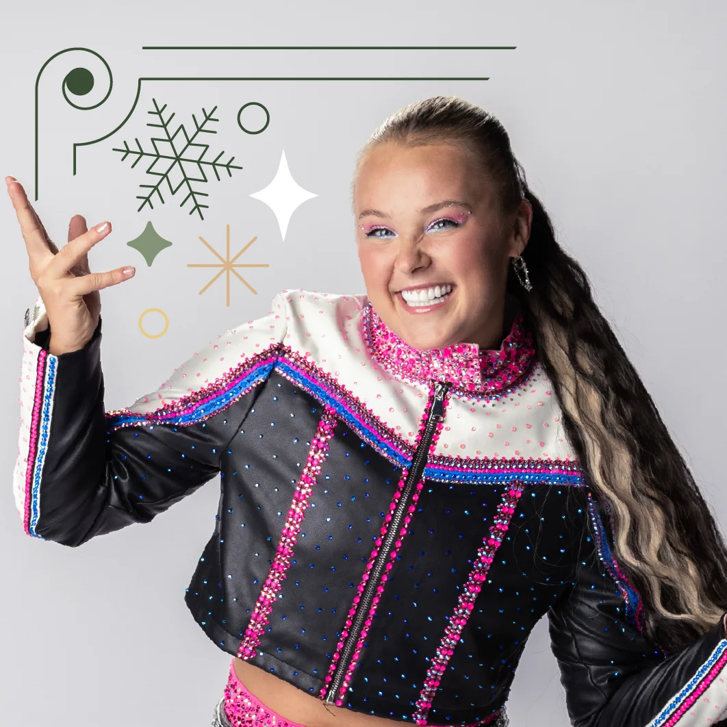 an image of pop sensation JoJo Siwa, a blonde young woman wearing a sparkly black and pink jacket