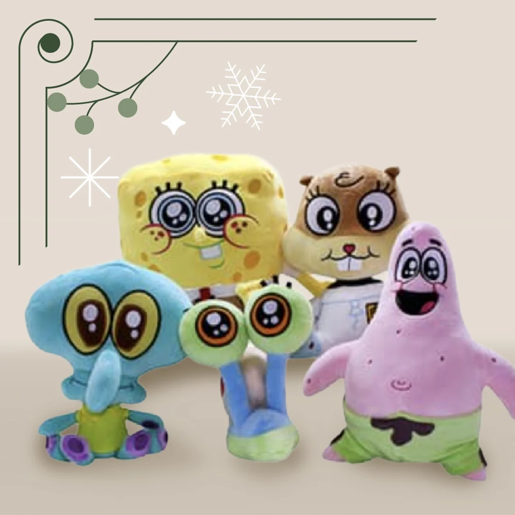 mini plushes of Spongebob, Sandy, Squidward, Gary the Snail, and Patrick Star.