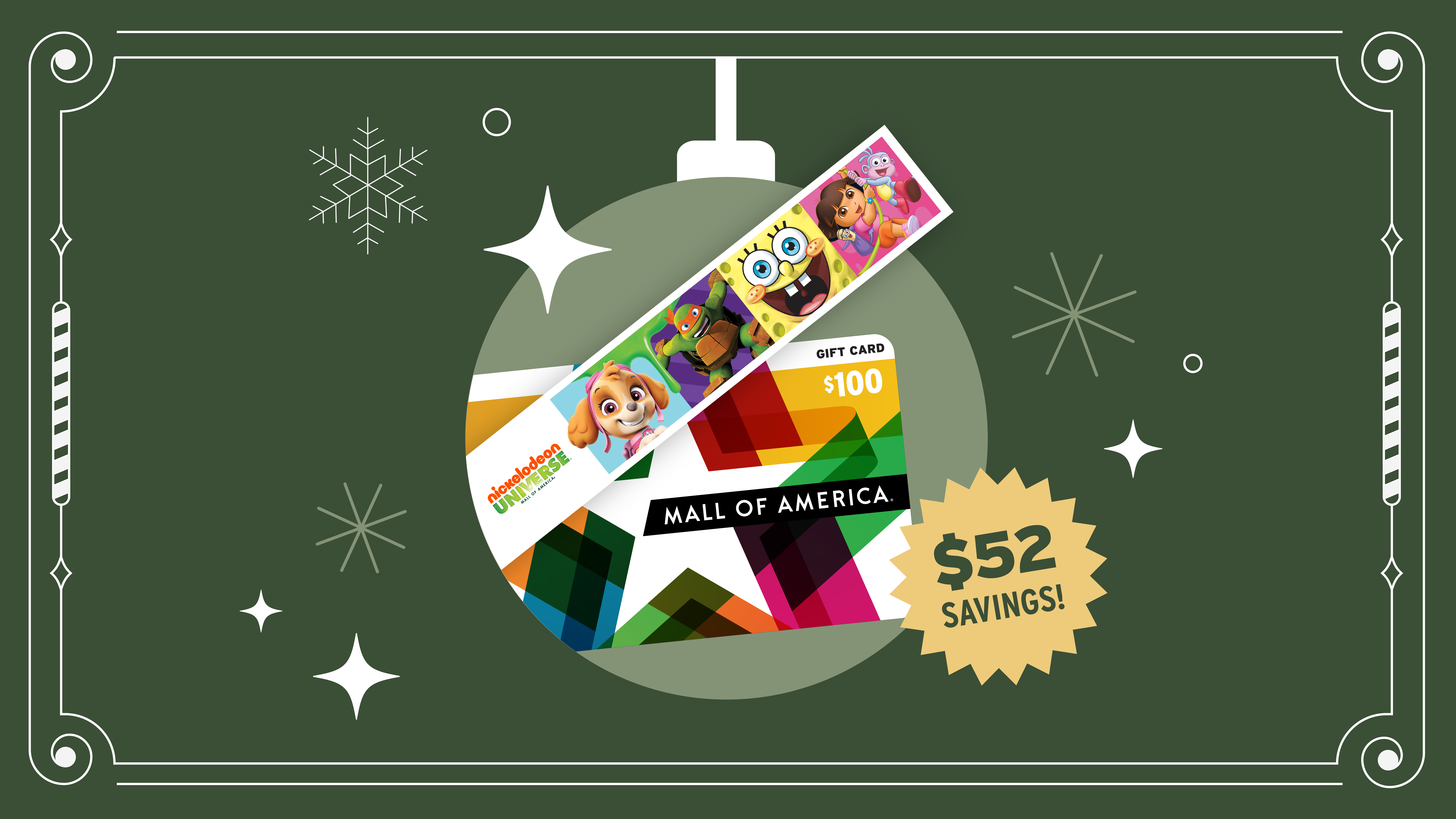 Nick U wristband and Mall of America gift card within an ornament