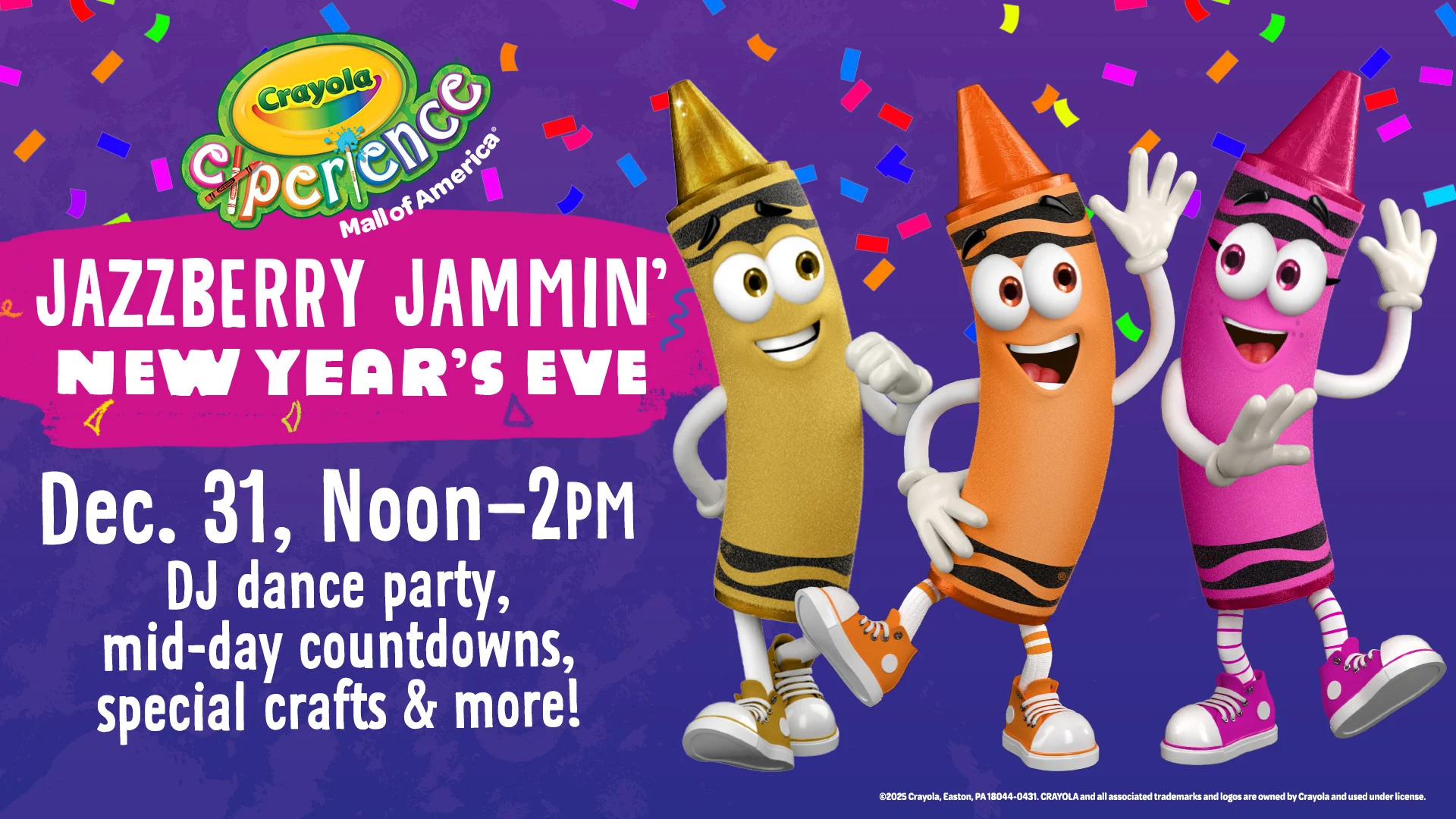 jazzberry jammin new years eve | dec 31, noon - 2pm | DJ dance paryt, mid-day countdowns, special crafts & more! three crayons dancing on a purple background