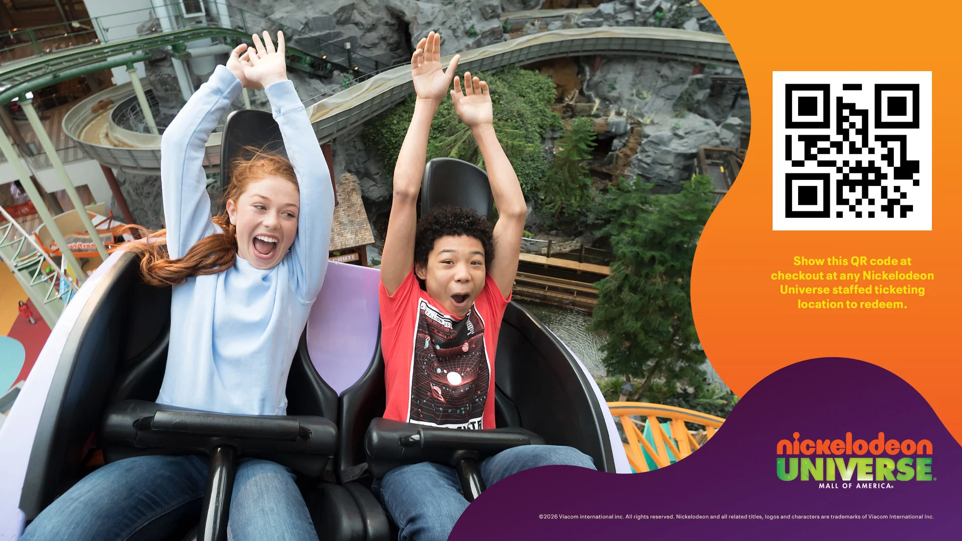 Two people riding the Fairly Odd Coaster next to a QR code that must be scanned at any Nickelodeon Universe staffed ticketing location to redeem