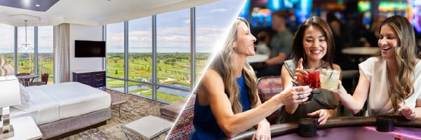 an empty hotel room and three women at a bar