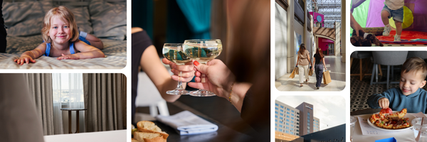 a collection of images of people eating, drinking, and shopping