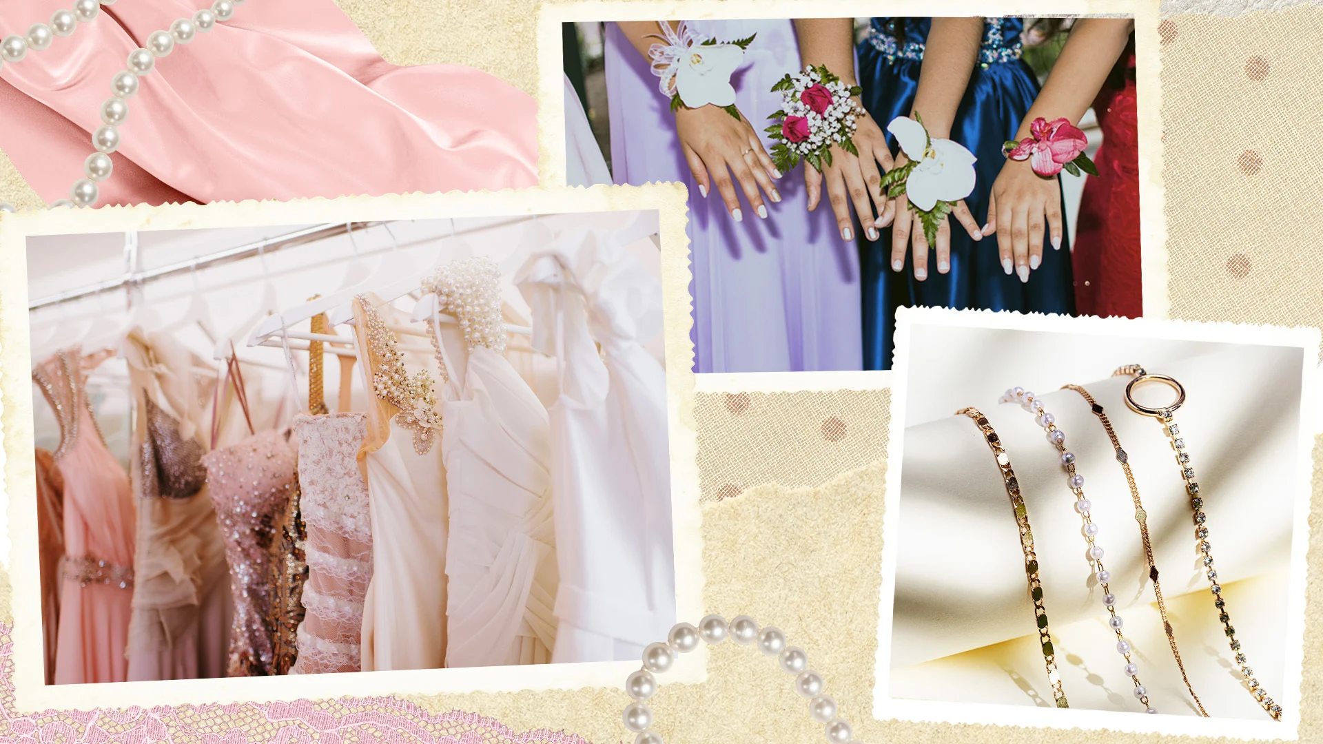 small photos of prom dresses, corsages, and jewelery laid over a beige polka dot background