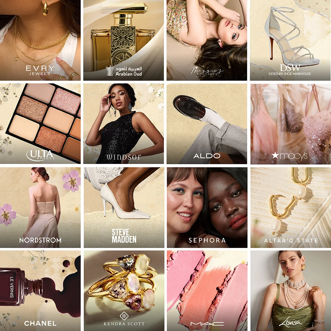 sixteen tenant images showcasing jewelery, makeup, accessories, and and clothing for prom.