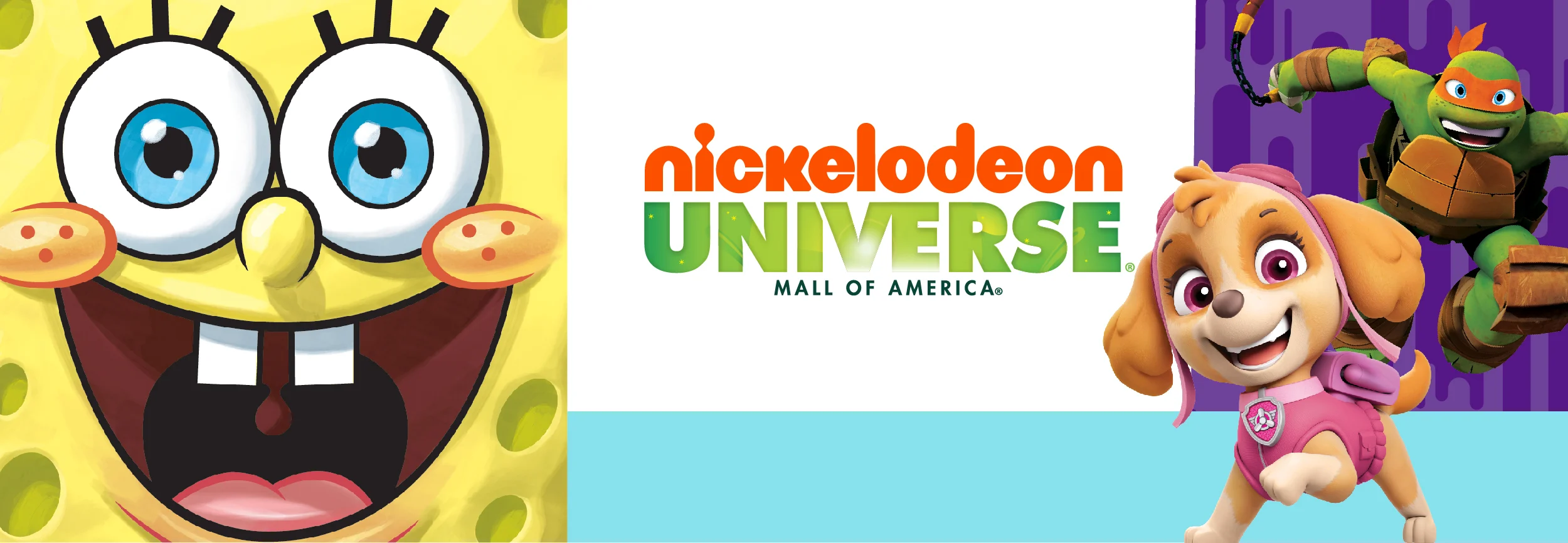 SpongeBob SquarePants, Skye from PAW Patrol, and Michelangelo from Teenage Mutant Ninja Turtles surrounding the Nickelodeon Universe logo.