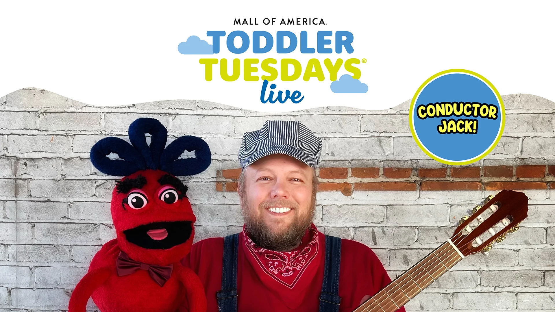 a nice fella in a train conductor hat and his red puppet friend
