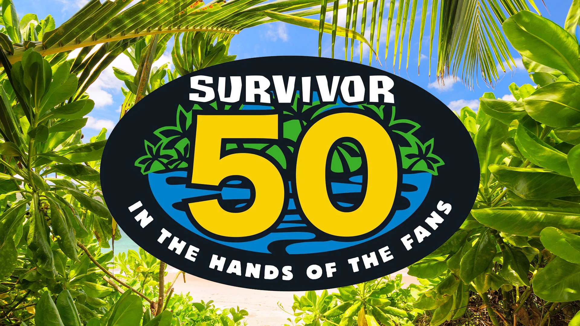 Survivor 50 in the hands of the fans image with tropical leaves