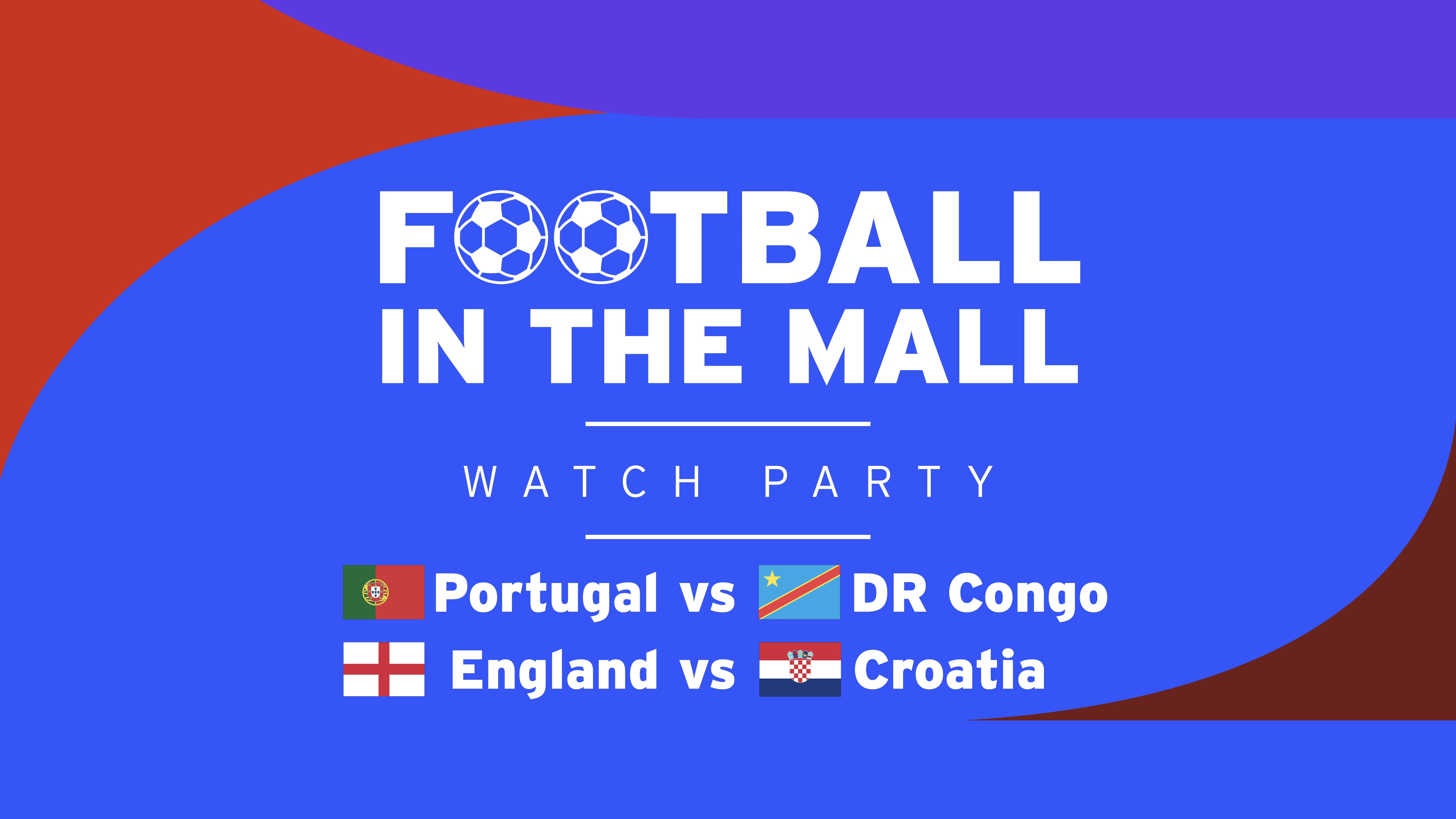 blue background with red accents with the title football in the mall watch party