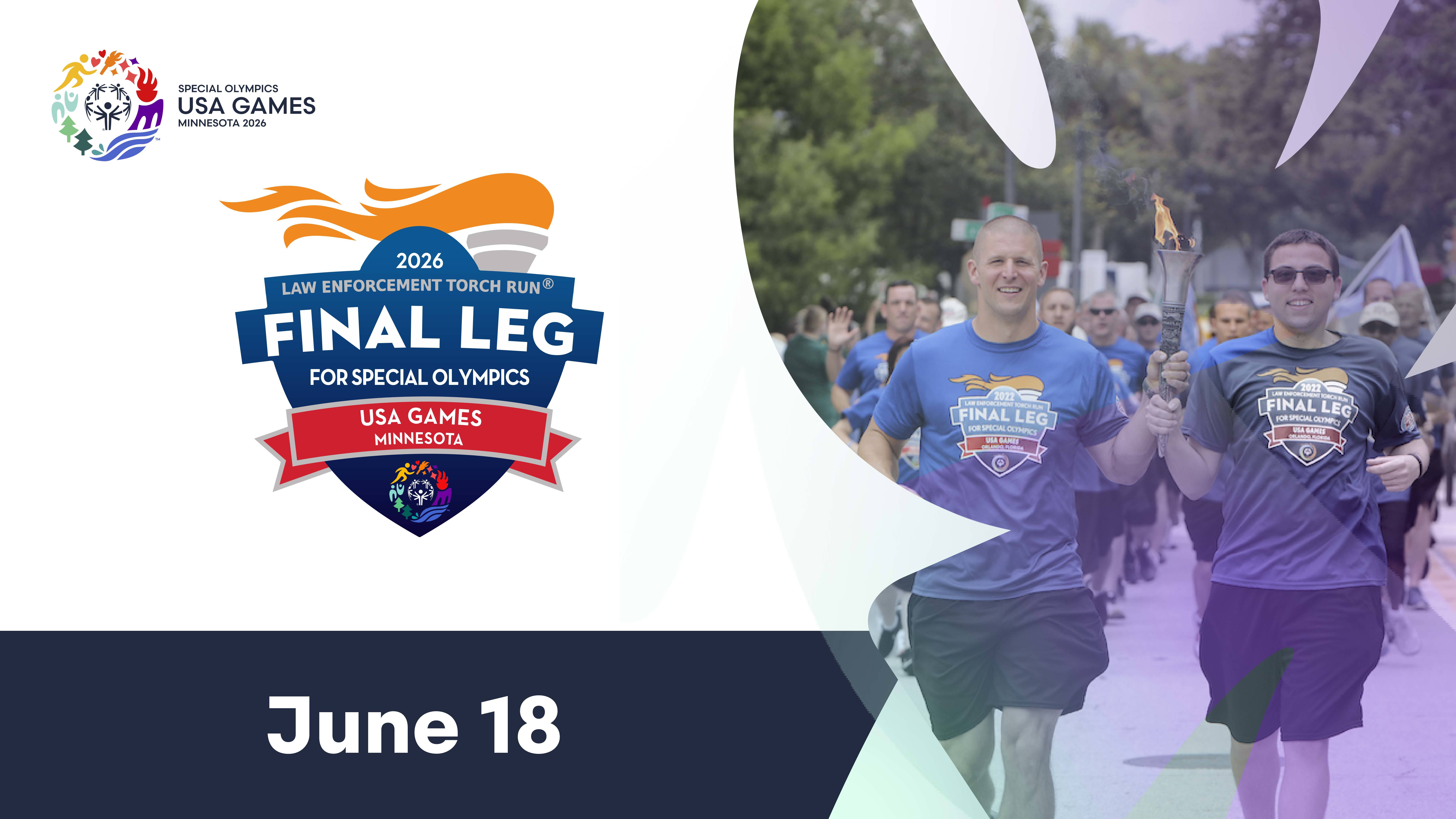 two people running while holding hands with the law enforcement torch run logo