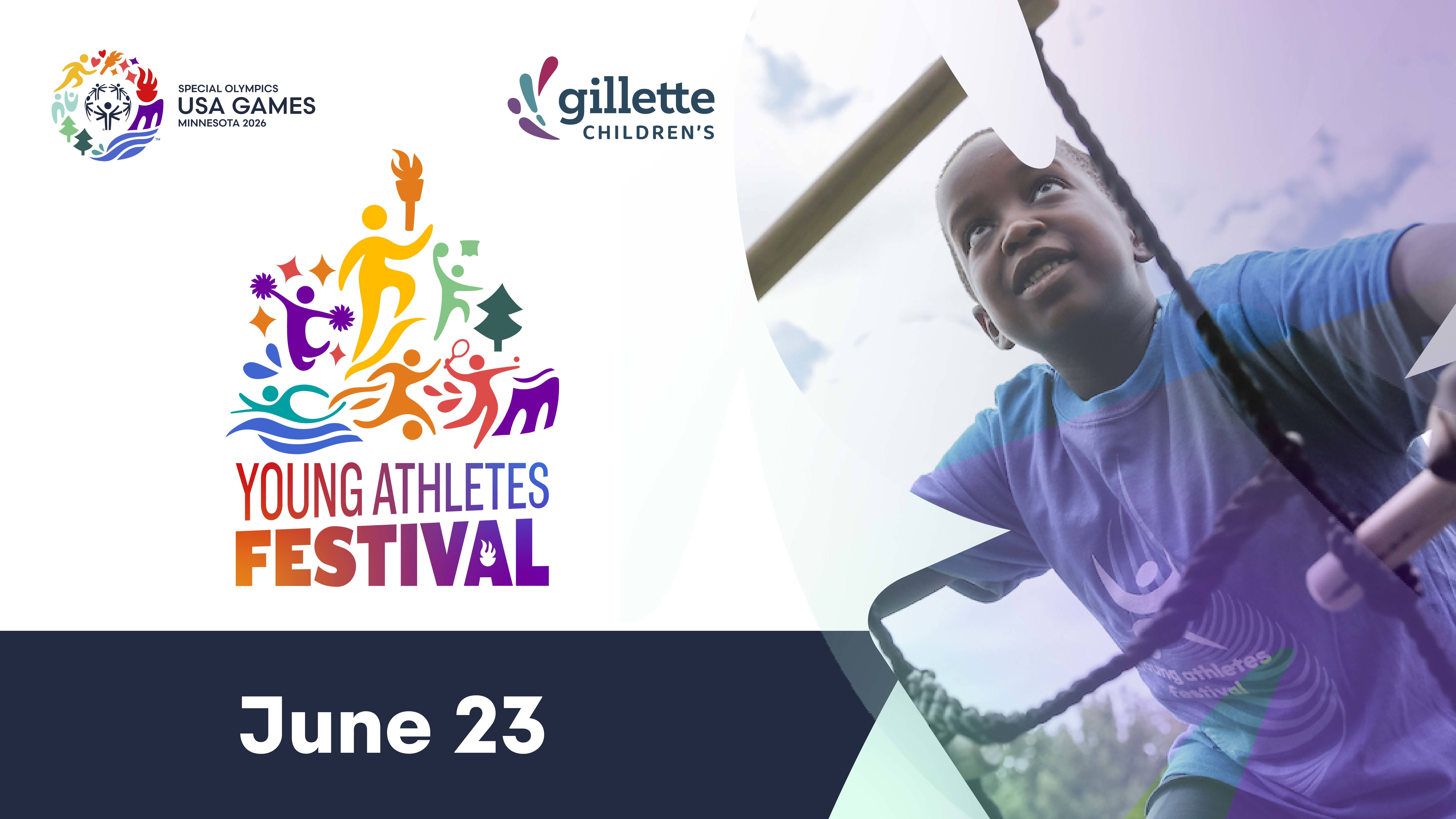 a child on a playground rope ladder next to text reading YOUNG ATHLETES FESTIVAL
