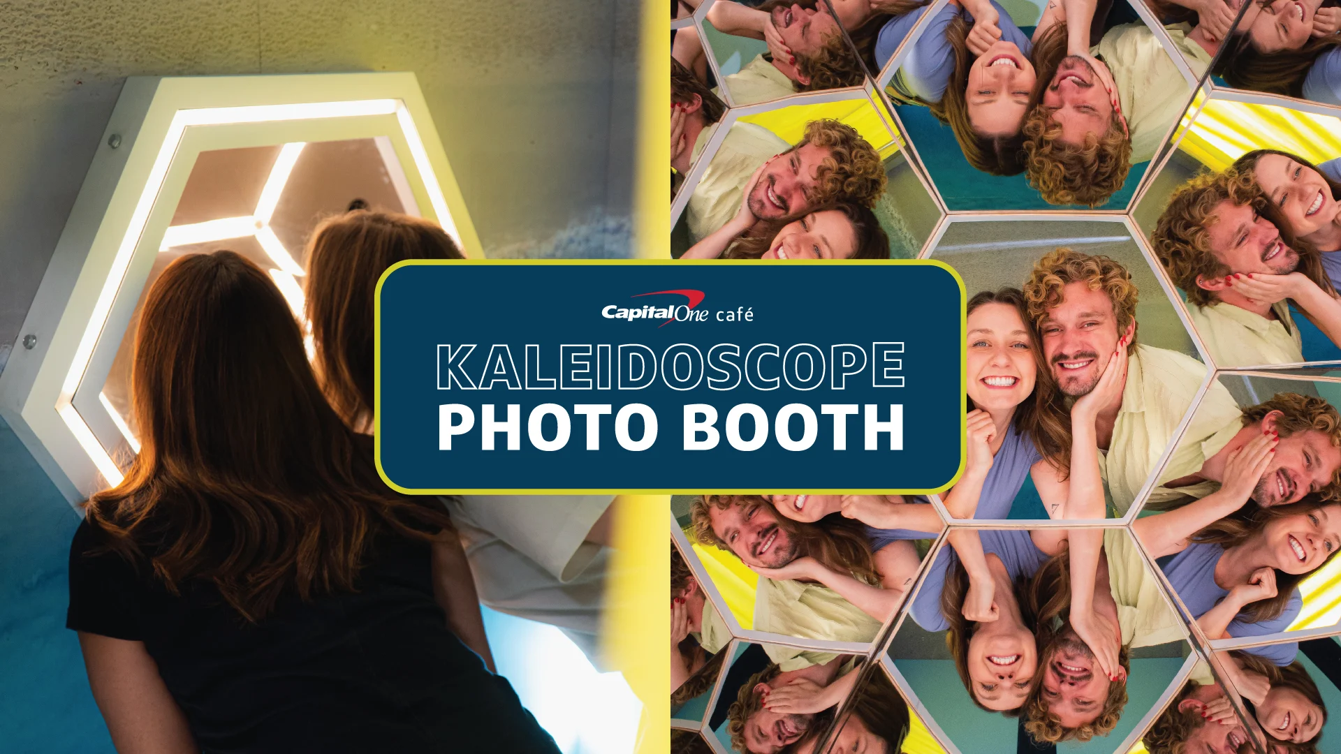 Kaleidoscope photo booth photos of people in cool hexagons