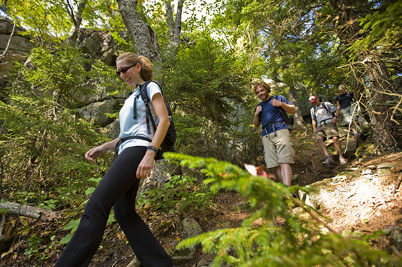 a group of people hiking in the woods
