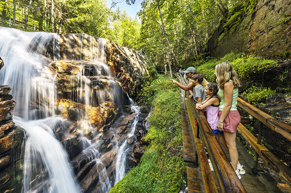 a family looking at a waterfall from a boardwalk
