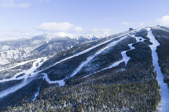 aerial view of a ski area covered in snow