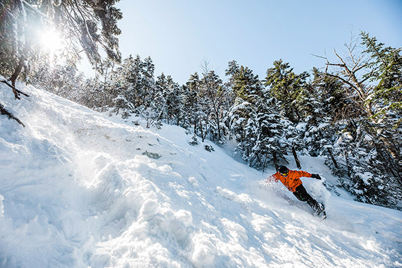 A snowboarder on a trail covered in powder
