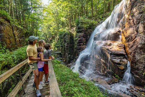 a family standing on a boardwalk admiring a waterfall
