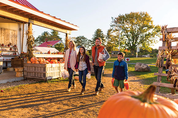 a family walking with apples and pumpkins at a farm in fall