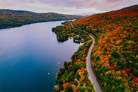 aerial view of fall foliage with a road by a lake