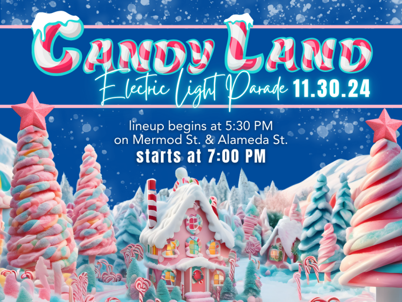 Promotional image for Candy Land Electric Light Parade on November 30, 2024. Features whimsical candy-themed decorations and buildings under a starry sky, with event details including time and location foregrounded.