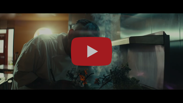 A person in chef attire burns fresh plants over a stovetop surrounded by a modern kitchen setting