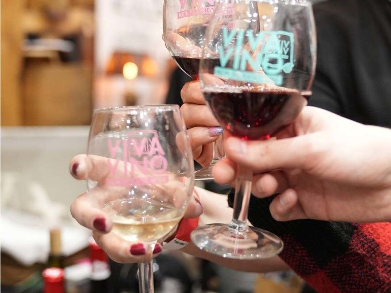 Two hands holding glasses of wine, one red and one white, with "Viva Vino" printed on the glasses.