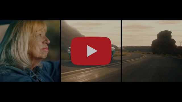 Three separated panels show a woman in a jean jack smiling, a classic car driving on a scenic road, and a rock formation silhouetted against the sky.