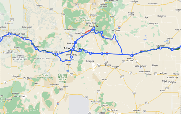 Map showing Route 66 stretching across New Mexico, passing through Albuquerque.