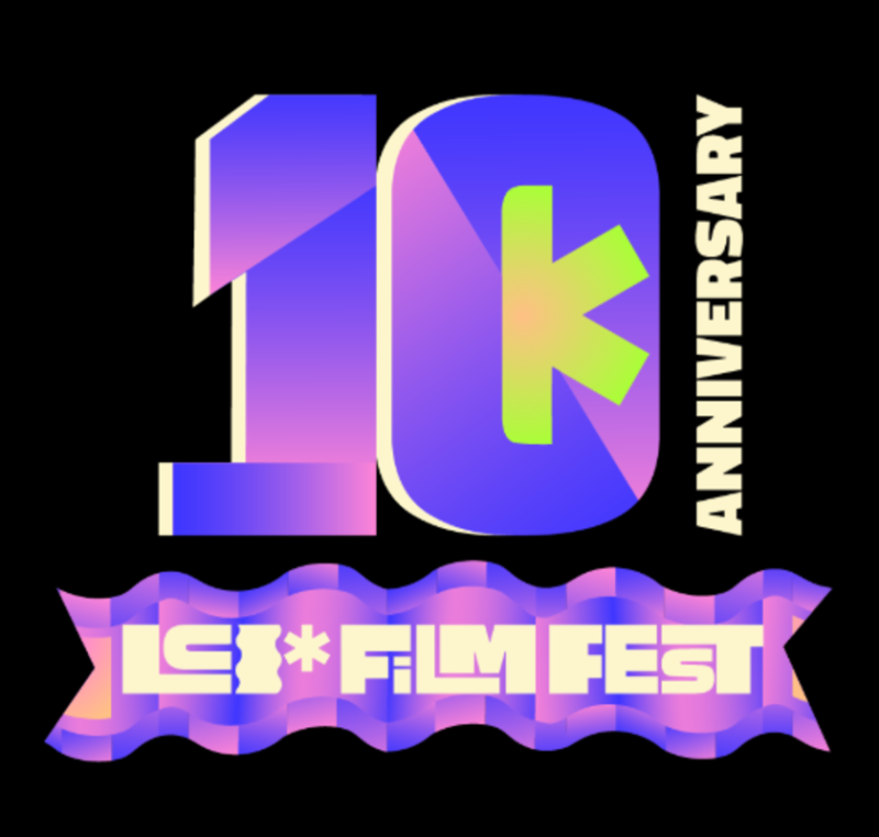 Logo commemorating the 10th anniversary of the IC Film Fest, featuring stylized numbers "10" in purple and pink above the text "Anniversary" in cursive, with "LC Film Fest" in bold script on a ribbon banner below.