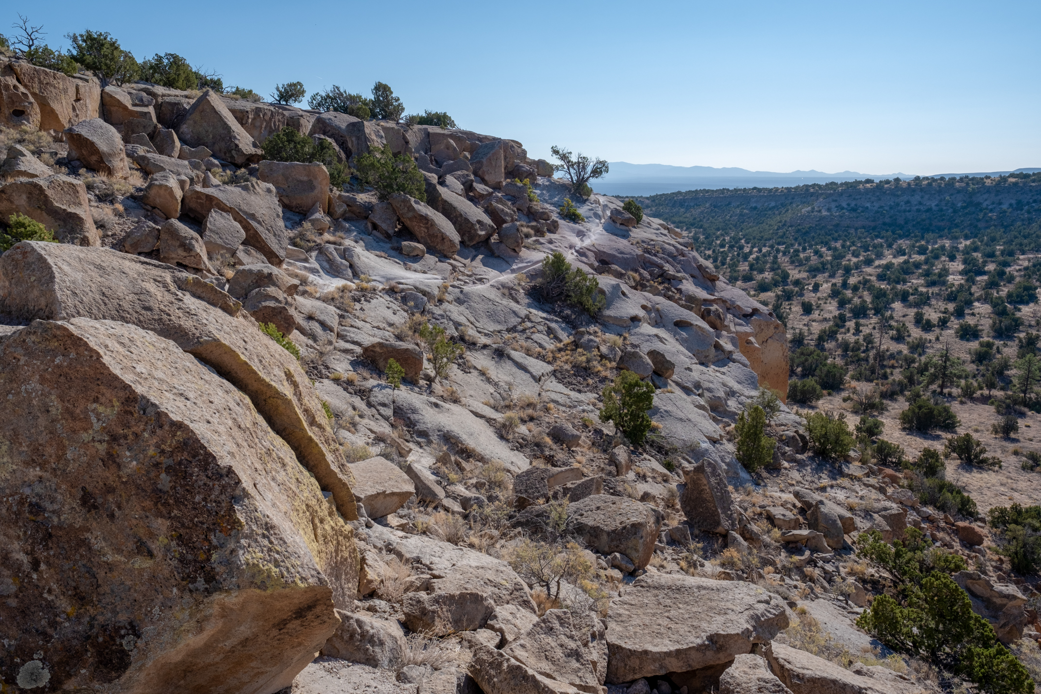View of a rocky hillside dotted with boulders and sparse vegetation under a clear blue sky.