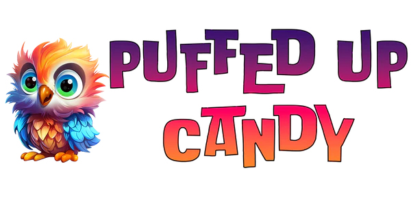A colorful owl stands next to a logo that reads Puffed Up Candy