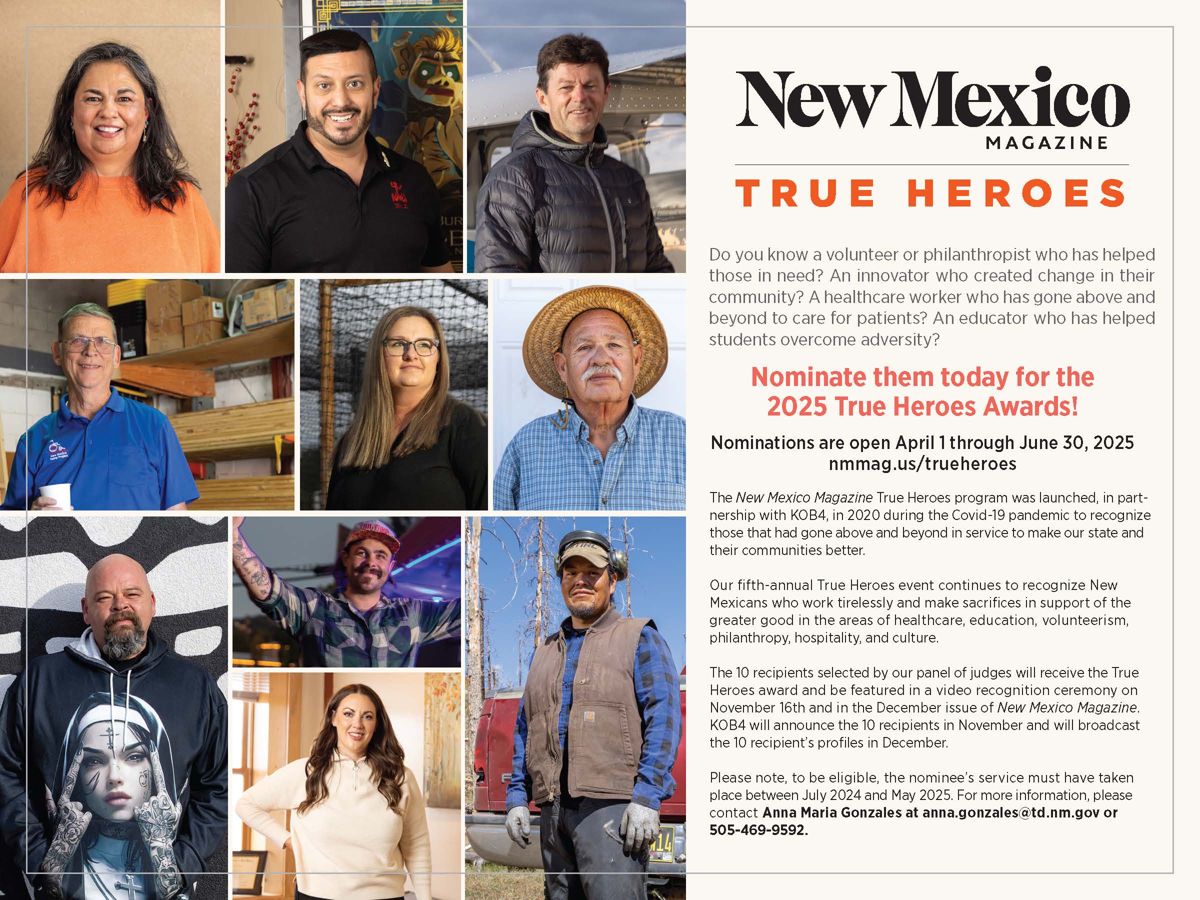 Collage of eight diverse individuals, each portrayed in professional or casual attire, symbolizing various professions and backgrounds. Centered text announces "New Mexico Magazine" with details about the "New Mexico True Heroes" event including nomination and event dates, alongside contact information for participation.