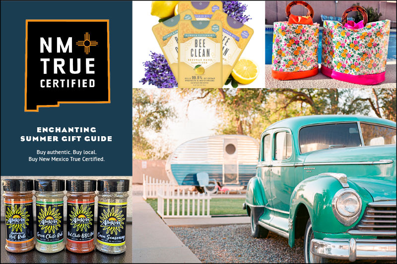 A collage of New Mexico True Certified products and themes. This includes a logo in the upper left, a summer gift guide advertisement featuring jars of spices and a honey product, a small camper trailer, and a vintage turquoise pickup truck next to colorful tote bags.