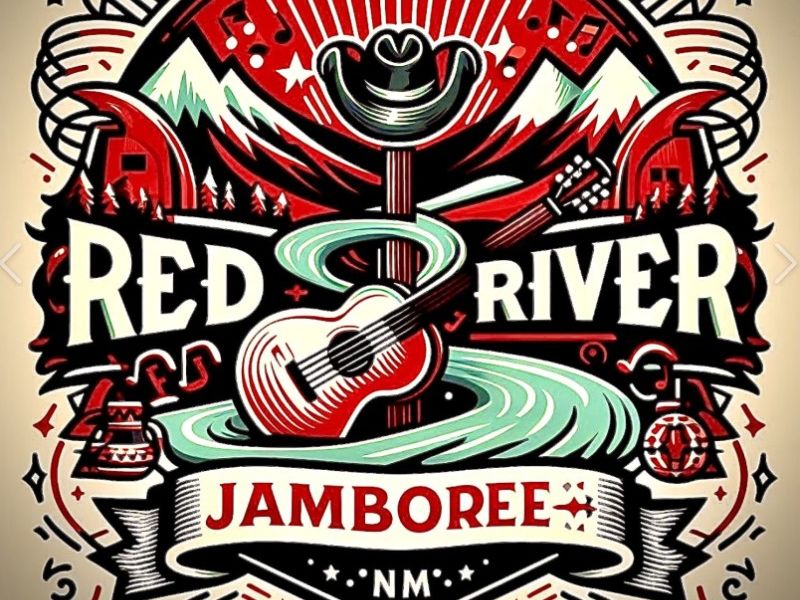Logo for Red River Jamboree in New Mexico featuring a stylized guitar, mountains, and a decorative motif in red, white, and black colors.