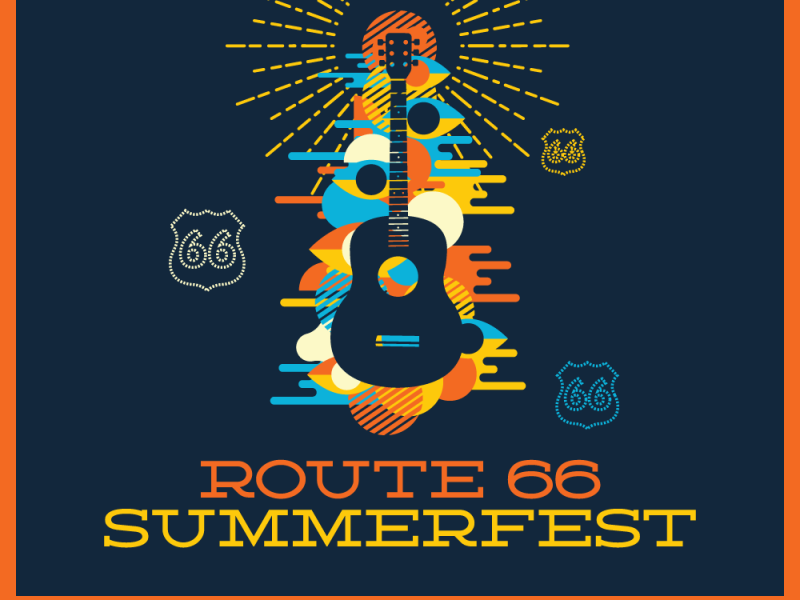 Graphic poster for Route 66 Summerfest featuring a stylized sunburst design with a guitar and Route 66 road signs on a dark blue background.