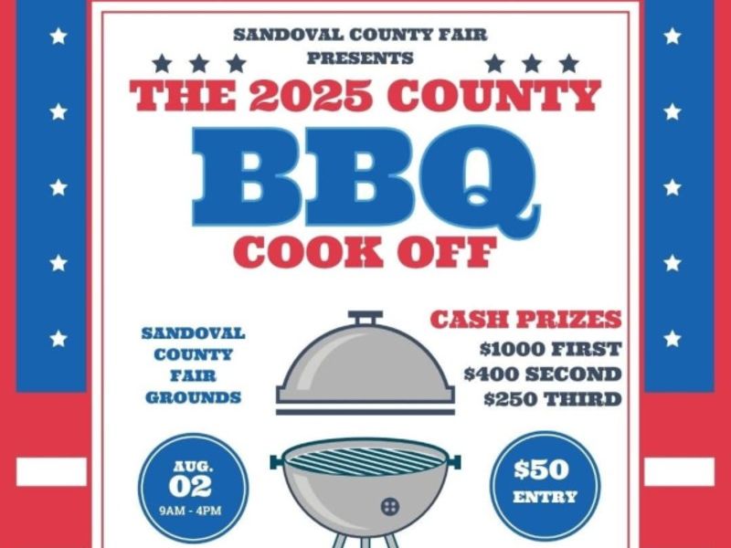 Promotional poster for "The 2025 County BBQ Cook Off" at the Sandoval County Fair, featuring cash prizes. Highlights include a charcoal grill image, event details like time and location, and sponsorship by The New Mexico Beef Council.