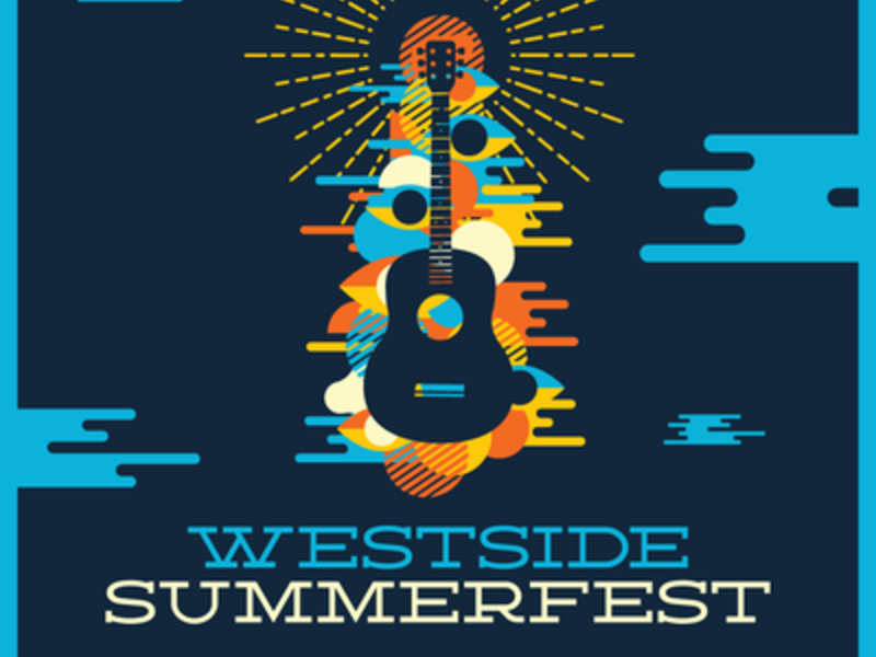 Promotional graphic for Westside Summerfest featuring a colorful abstract design with a guitar surrounded by bursts of shapes and light on a dark blue background.