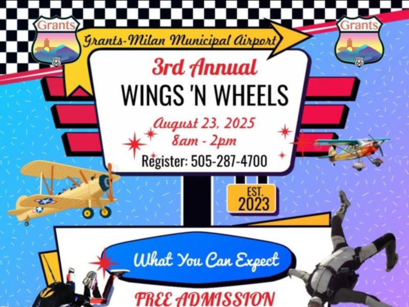 Flyer for the 3rd Annual Airport WINGS & WHEELS event at Grants-Milan Municipal Airport on August 23, 2025
