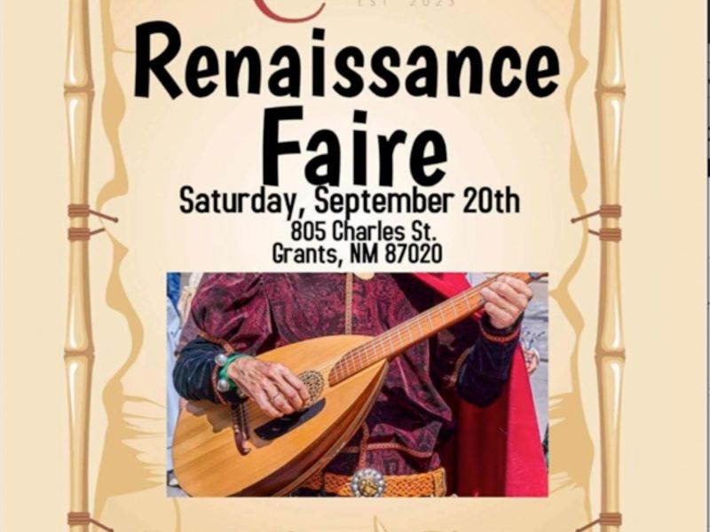 Promotional poster for a Renaissance Faire at The Elks on Saturday, at 805 Charles St. Grants, NM 87020. The poster features an illustrated person playing a lute, and includes details about various attractions like a fortune teller, photo booth, costume contest, live entertainment, and horseback rides.