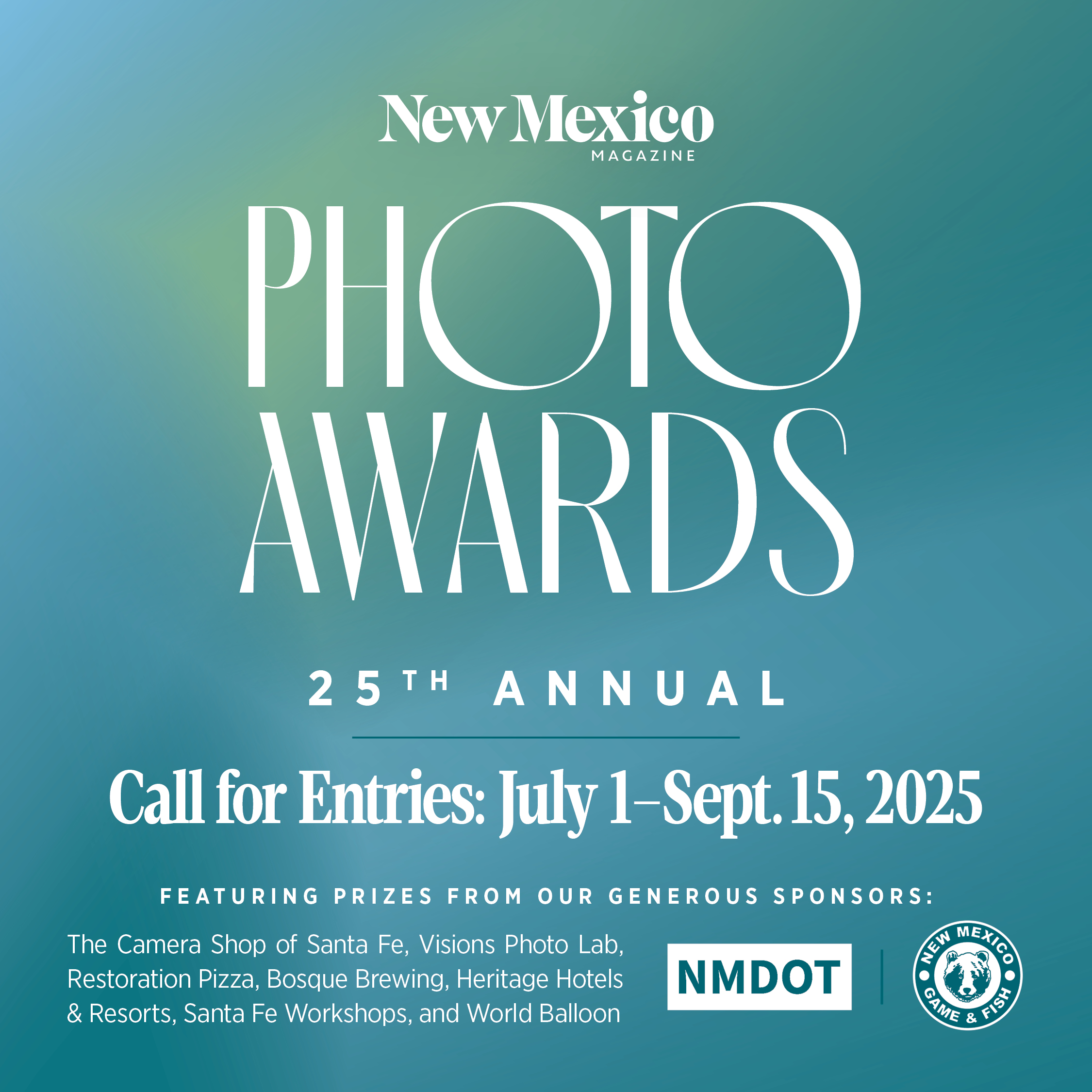 Promotional graphic for the 25th Annual New Mexico Magazine Photo Awards. Text announces call for entries from July 1 to September 15, 2025, inviting participants to submit their photographs.