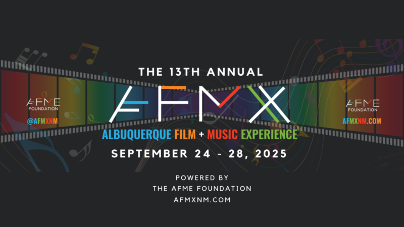 Promotional banner for the 13th Annual Albuquerque Film + Music Experience (AFMX), scheduled for September 24-28, 2025, featuring colorful geometric graphics and text detailing the event dates and website, powered by the AFME Foundation.