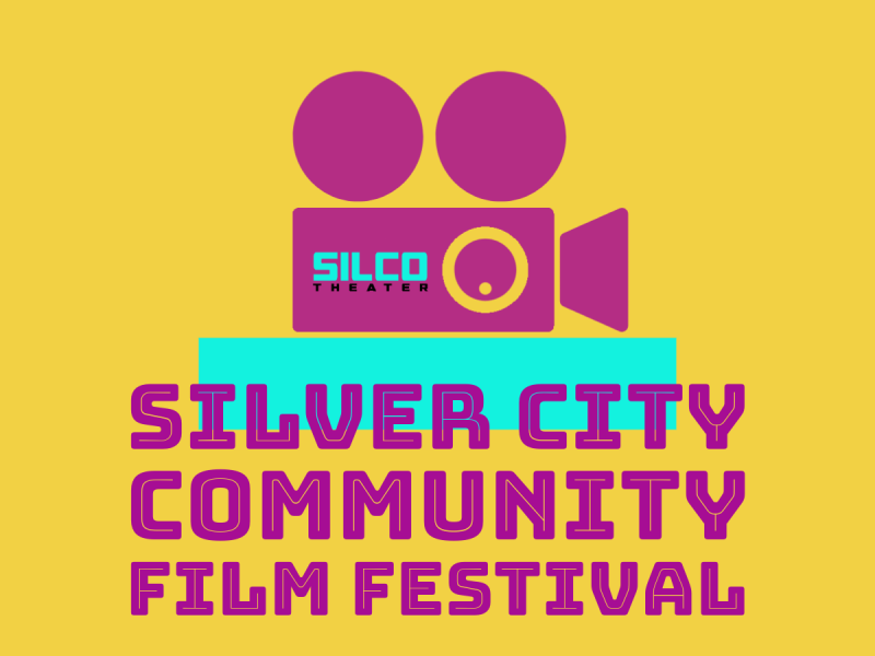 Logo for the Silver City Community Film Festival featuring a stylized camera icon above the text on a yellow background.